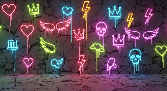 Neon graffiti art featuring hearts crowns wings skulls and lightning bolts on a cracked wall surface. - Powered by Adobe