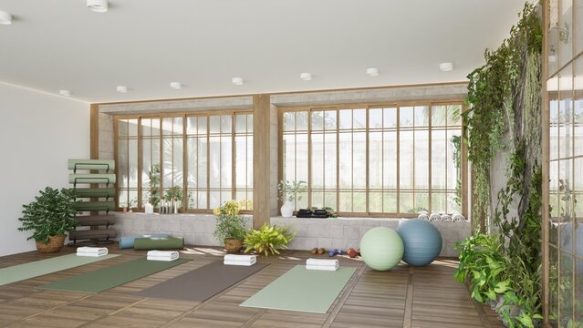 3D render of large cozy and bright yoga studio with large windows and sports equipment. Mat rack, fitness balls. Interior design, decorative plants and landscaping. Wooden floor and white brick walls
