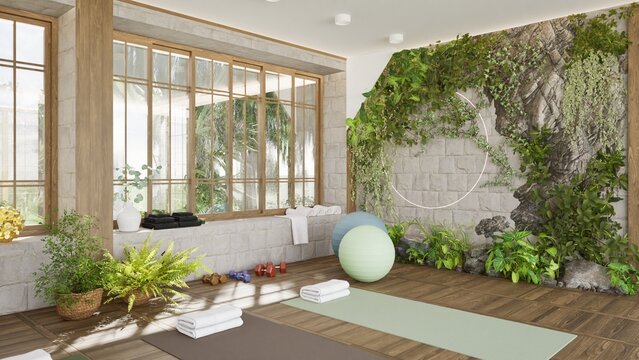 3D render of large cozy and bright yoga studio with large windows and sports equipment. Mat rack, fitness balls. Interior design, decorative plants and landscaping. Wooden floor and white brick walls