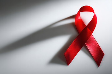 Red ribbon symbolizes awareness and support for HIV/AIDS on a bright background