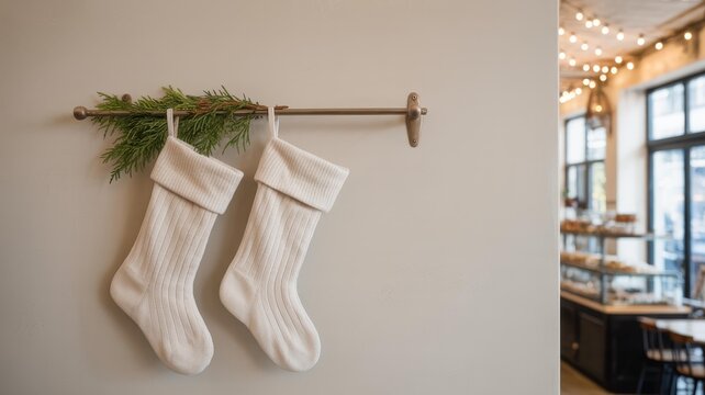 Minimal Scandinavian Hygge Christmas — Cream Knit Stockings on Brass Rod with Evergreen, Warm Bokeh, Copy Space for Cafe Holiday Promotion