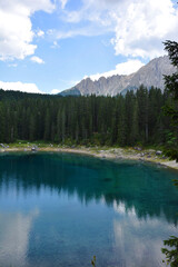 Karrersee - Lago di Carezza, South Tyrol, Italy, view of the lake and surrounding mountains