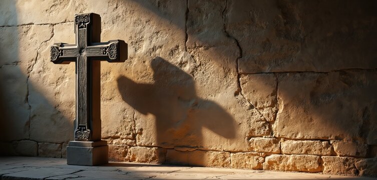 Stone cross stands near rough wall. Sunlight creates shadow. Religion concept faith belief in god. Catholic christian church symbol. Worship peace spirituality.