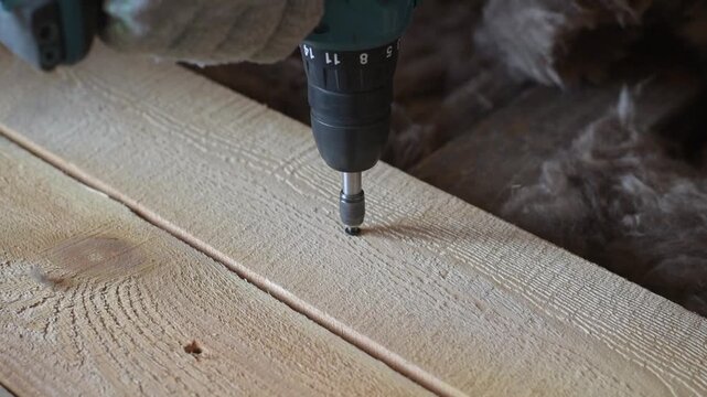 builder screws a self-tapping screw into a board, building houses
