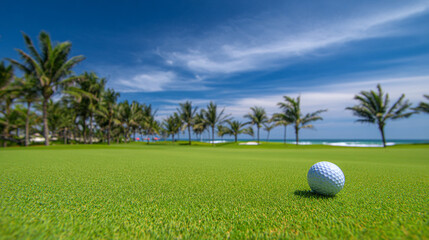 Golf ball on green grass with palm trees and ocean in the background under a bright blue sky