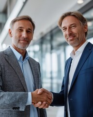 Fototapeta premium Two business partners shaking hands in a modern office lobby, showcasing professionalism and collaboration in a contemporary corporate environment