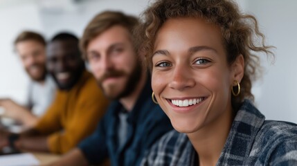 Diverse business team engaged in a collaborative meeting at a bright conference table, showcasing teamwork and innovative ideas in a modern workspace environment