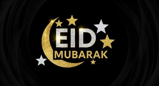 Eid mubarak glittering golden crescent moon and stars on black background, a festive design for celebrating the islamic holiday and cultural traditions