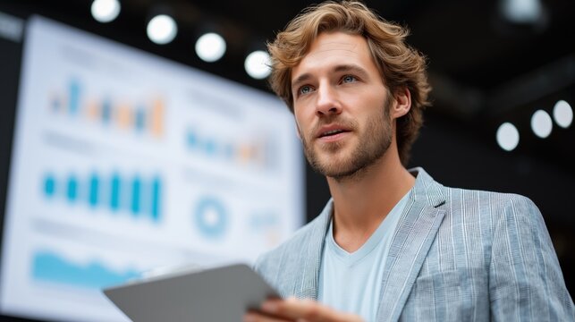 Business speaker presenting data on stage with large digital display, engaging audience with insights and analysis, showcasing professional presentation skills and modern technology