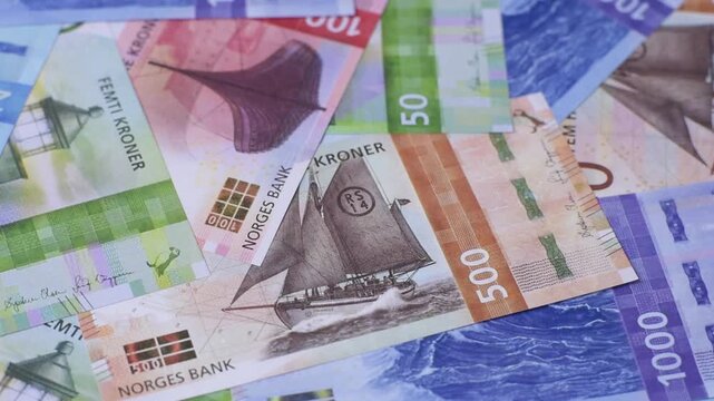 Money, currency of Norway, Norwegian krone banknotes. Norway, Norwegian money