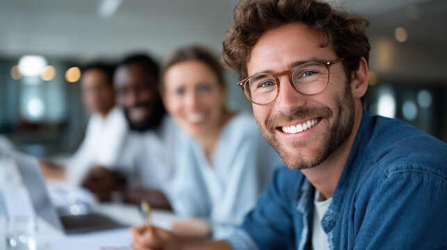 Diverse business team engaged in a productive meeting at a bright conference table, showcasing collaboration and teamwork in a modern office environment