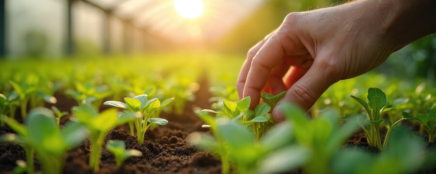 Hand cares for sprouts in greenhouse. Gardener touching young plants in soil. Eco friendly farm. Sunlight illuminates growth process. Sustainable agriculture practice for eco-conscious living.