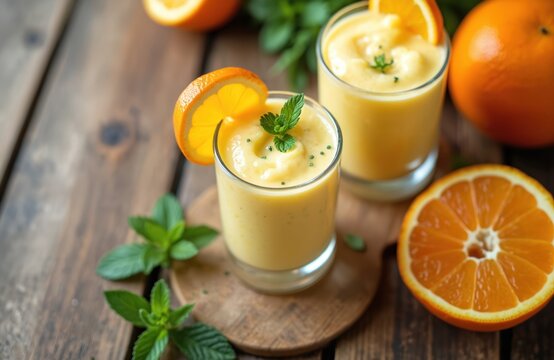 Two glasses of orange smoothie with mint on wooden table. Fresh oranges and mint leaves around glasses. Healthy drink for weight loss and detox. - Powered by Adobe