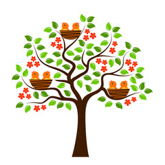 flowering tree with birds in nests isolated on white background