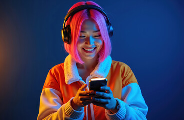 Young asian girl with bright pink hair wears headphones, smiles using phone indoors. Wears orange jacket, colorful neon lights illuminate face against dark background, enjoying music, mobile content.