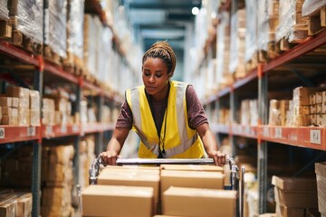Young African woman pushing a cart full of boxes in a warehouse storage facility