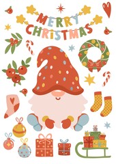 A cute Christmas clipart set featuring a gnome, socks, mistletoe, wreath, gifts and holiday elements. Merry Christmas set. Perfect for greeting cards, invitations, posters, and festive designs