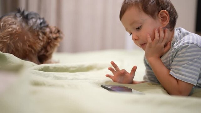 The young boy engages with his smartphone while lying on a soft blanket, showing interest in the device. A small dog sits nearby, observing the boy's focused interaction with curio