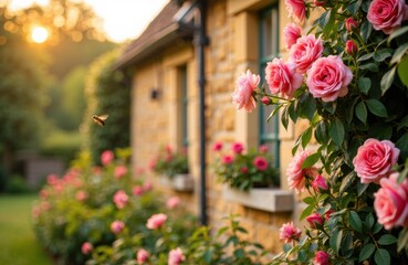 Pink roses bloom on a garden bush beside a rustic house with a warm sunset glow illuminating the scene