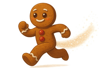 Obraz premium Gingerbread man cookie running, spreading magic dust, celebrating christmas holiday. Happy dessert character for festive design