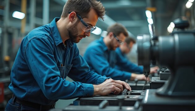 Men in factory outfits operate lathe machines. Workers wear safety glasses during metalworking in industrial manufacturing. Pro engineers at work in steel workshop production.