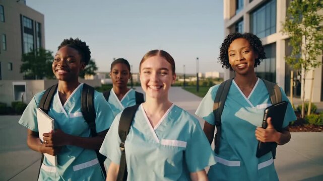 Diverse nursing students walking to class with happiness and confidence in medical training campus.