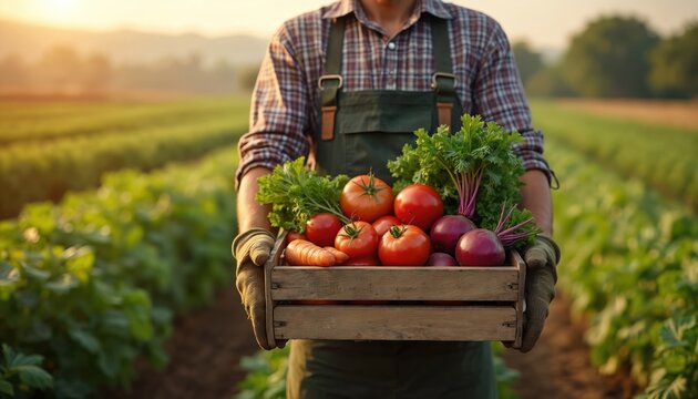 Farmer holds wooden crate of fresh organic vegetables. Gardener carries bio harvest with tomatoes, carrots, beets in farm field. Man presents local healthy food crop at sunset, successful - Powered by Adobe
