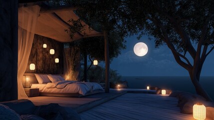 Fototapeta premium Open air canopy bed on wooden deck at night with full moon and ocean view