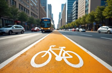 Bright orange bicycle lane painted on city street. Cars and bus drive on road beside bike path. Urban transport promotes healthy eco friendly commuting and safety.