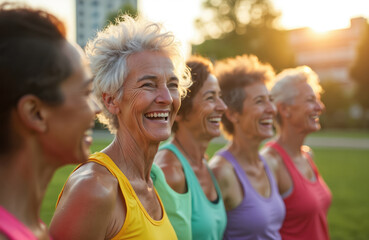 Happy senior women laughing together in city park at sunset. Multiracial group of mature friends fun after fitness workout. Cheerful female pensioners enjoy healthy active lifestyle, friendship