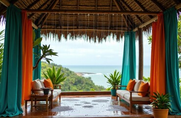 A cozy outdoor lounge area with colorful curtains overlooking a tropical landscape and ocean view