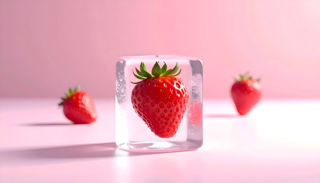 Transparent ice cube containing a fresh strawberry frozen inside - Powered by Adobe