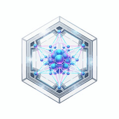 Geometric design featuring spheres and lines within a hexagonal frame shape