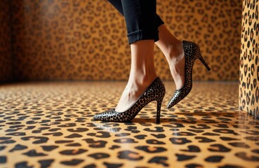 Woman wearing leopard print high heels standing on matching animal print flooring and wall