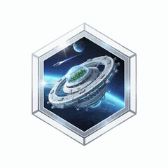 Illustration of a futuristic space station orbiting a blue and white planet