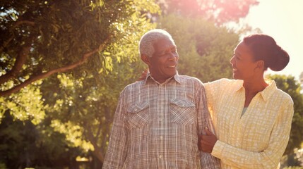 Elderly african man and woman walking together in a park on a sunny day