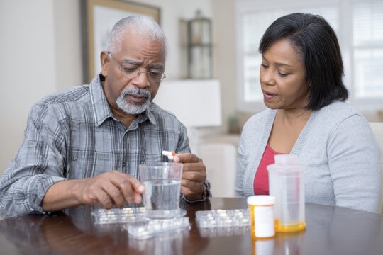 Older African couple carefully looking at medication and water