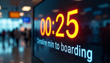 Information display showing remaining time, twenty five minutes until boarding, at airport. Remaining time alerts traveler of flight details and gate information for on time arrival.