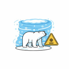 Polar bear on ice floe with melting warning sign and snowy background scene