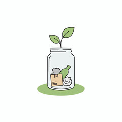 Plant growing from a jar filled with waste and recycling on green surface