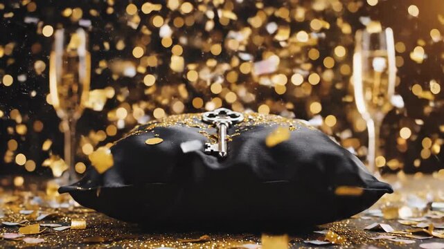 Elegant Skeleton Key on Black Pillow with Golden Bokeh and Confetti for New Years Celebration.