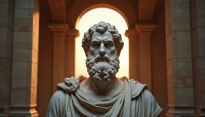 Marble statue of an ancient man. The artwork portrays a stoic figure in a historical setting. Artistic lighting highlights details. This photo evokes timeless elegance and power.