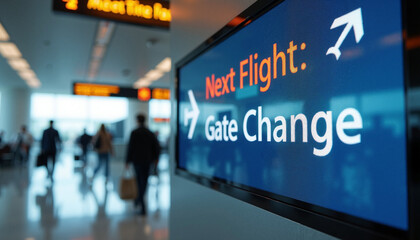 Next flight information shows gate change at airport terminal, with people walking in blurred background. Next flight destination displayed, providing assistance for passengers, with updated details.