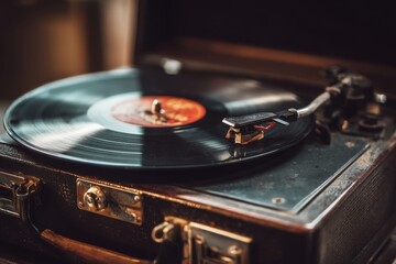 Vintage record player with vinyl spinning, close-up view of stylus on the disc in warm lighting, retro entertainment era.