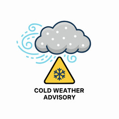 Cartoon depiction of a cold weather advisory with cloud and snowflake sign