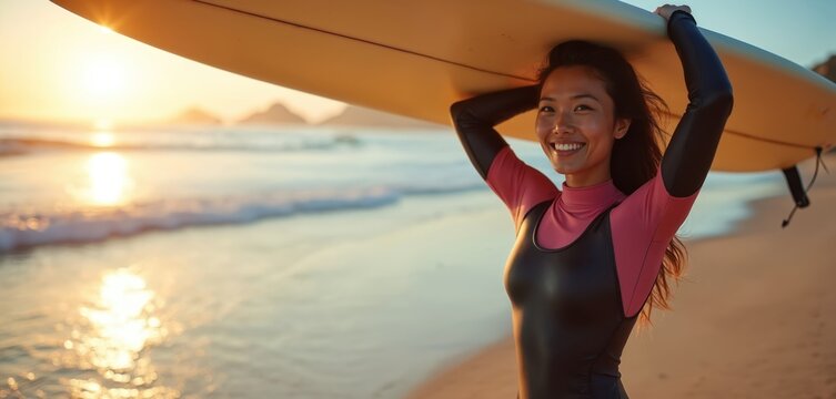 Asian woman smiles carrying surfboard on sandy beach at sunrise. Surfer wears wetsuit ready for ocean sport. Healthy active lifestyle pursuit, seaside vacation happiness.