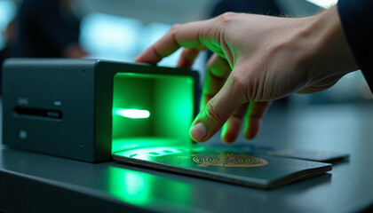 Using document scanner for official security check of identification paper, document scanner scans personal data at border checkpoint, verifying identity.