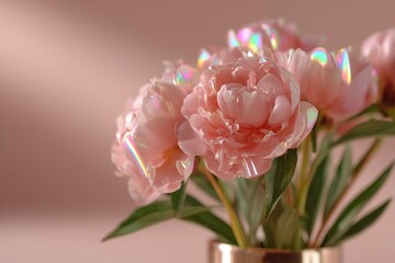 Close-up view of holographic peony flowers with neon reflections, showcasing vibrant colors and textures in a futuristic floral arrangement concept