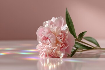 Beautiful pink peony flower with delicate petals and green leaves, resting on a reflective surface, creating a serene and elegant atmosphere with soft lighting