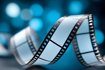 Film strip elegantly spirals through the air, showcasing its perforated edges against a blurred blue background, symbolizing creativity and cinematic storytelling